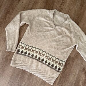 Cozy Cream V-Neck Sweater with Brown Fair Isle Accent